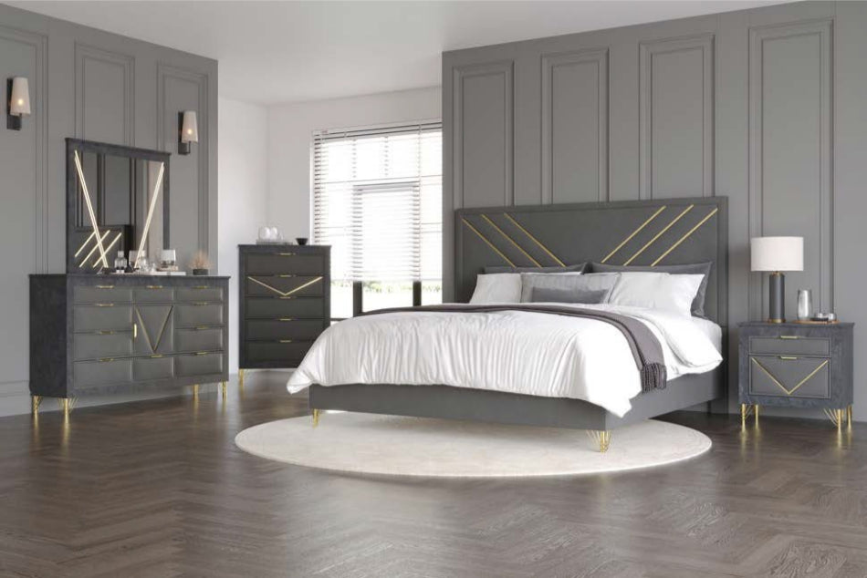 00-1826-4PC 4 pc Symmetry faux grey marble finish wood fabric upholstered headboard gold accents queen bed set