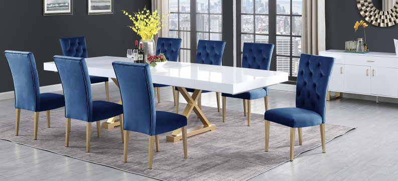 Best master T1953-BL-7PC 7 pc Broadway white high gloss finish 104" gold metal accents modern dining table set