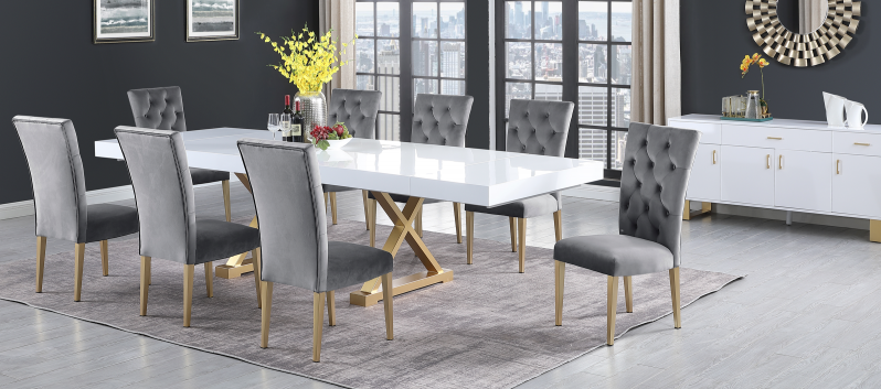 Best master T1953-GY-7PC 7 pc Broadway white high gloss finish 104" gold metal accents modern dining table set