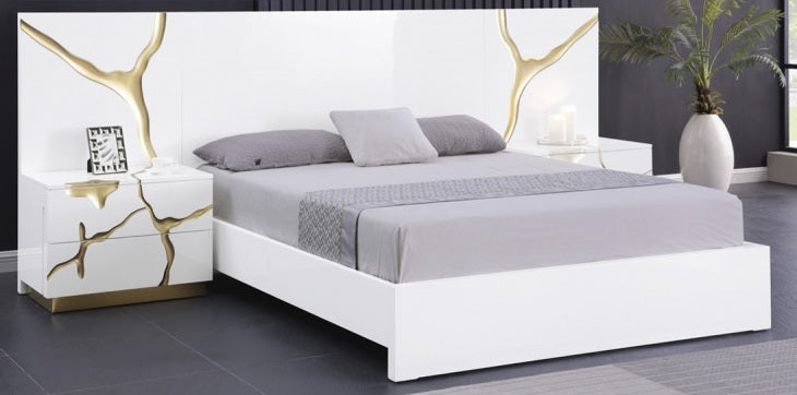 Best Master T2033 5 pc Marlin high gloss white finish wood with gold vein accents modern style queen bed set