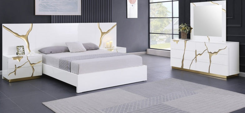 Best Master T2033 5 pc Marlin high gloss white finish wood with gold vein accents modern style queen bed set