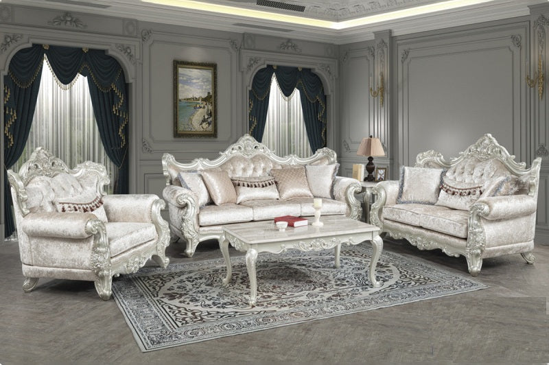 Best master TLR02-2PC 2 pc Regal royal traditional style champagne tone fabric antique white finish wood Sofa and Love seat set