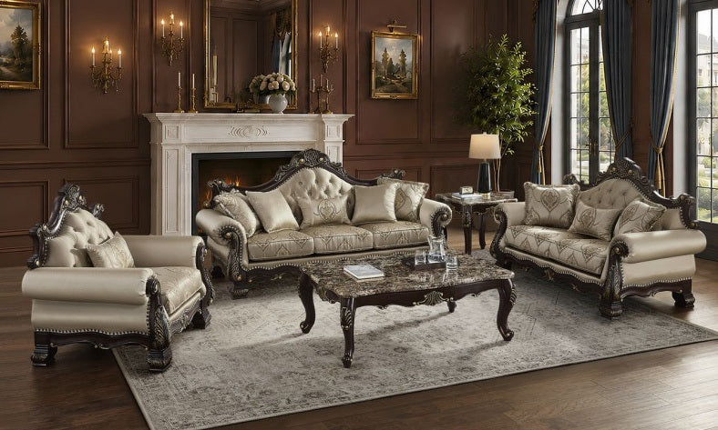 Best Master Regal Royal 2-Piece Dark Fabric & Dark Wood Traditional Sofa & Love Seat Set – TLR03-2PC