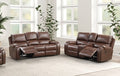 TM6012BR-2PC 2 pc Tepic brown leatherette sofa drop down table and love seat set recliner ends with cup console USB plugs nail head trim