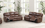 TM6012BR-2PC 2 pc Tepic brown leatherette sofa drop down table and love seat set recliner ends with cup console USB plugs nail head trim