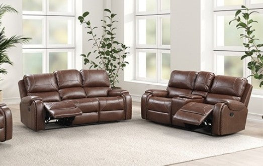 TM6012BR-2PC 2 pc Tepic brown leatherette sofa drop down table and love seat set recliner ends with cup console USB plugs nail head trim