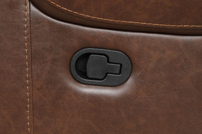 TM6012BR-2PC 2 pc Tepic brown leatherette sofa drop down table and love seat set recliner ends with cup console USB plugs nail head trim