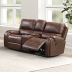 TM6012BR-2PC 2 pc Tepic brown leatherette sofa drop down table and love seat set recliner ends with cup console USB plugs nail head trim