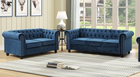 Best master YS001-2pc-BL 2 pc Klein venice blue velvet fabric tufted backs sofa and love seat set
