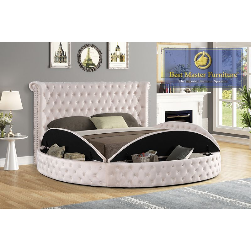 Best Master YY138-BG Willa arlo interiors loden II beige velvet fabric tufted round queen bed set with storage
