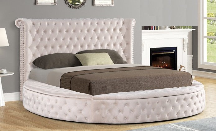 Best Master YY138-BG Willa arlo interiors loden II beige velvet fabric tufted round queen bed set with storage