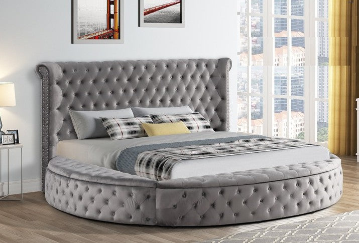 Best Master YY138-GY Willa arlo interiors loden II grey velvet fabric tufted round queen bed set with storage