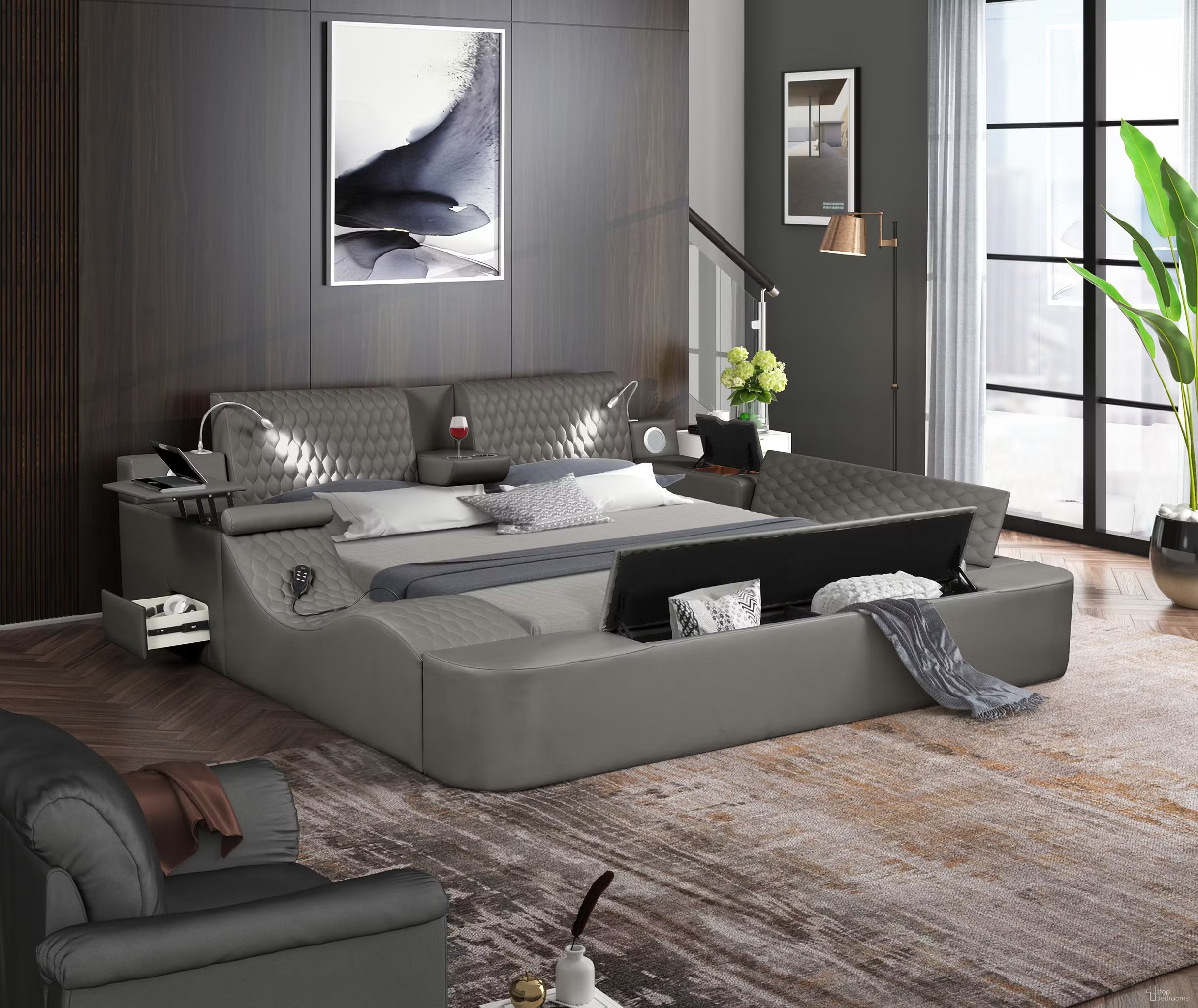 Zoya Grey Faux Leather Modern Queen Bed with Massage Lounge, Bluetooth Speakers & Reading Lights