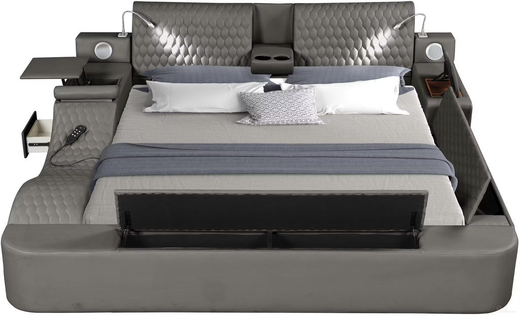 Zoya Grey Faux Leather Modern Queen Bed with Massage Lounge, Bluetooth Speakers & Reading Lights