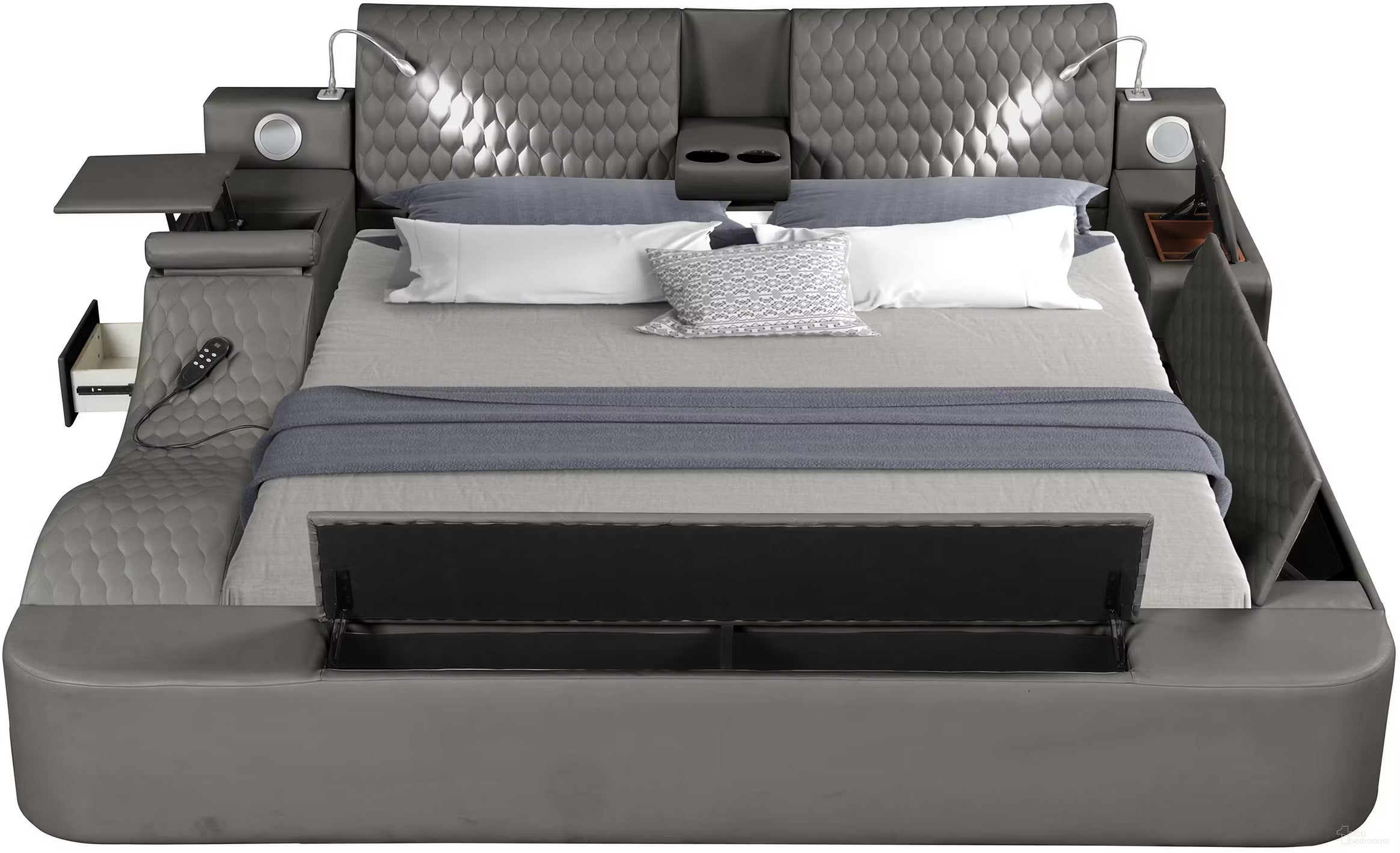 Zoya Grey Faux Leather Modern Queen Bed with Massage Lounge, Bluetooth Speakers & Reading Lights