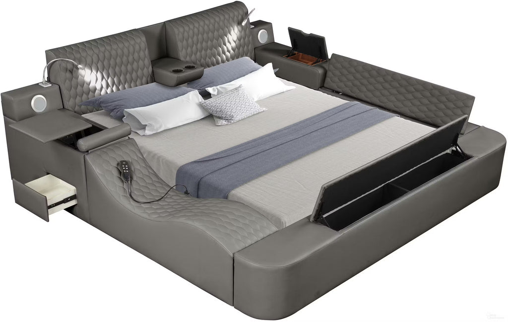 Zoya Grey Faux Leather Modern Queen Bed with Massage Lounge, Bluetooth Speakers & Reading Lights