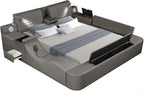 Zoya Grey Faux Leather Modern Queen Bed with Massage Lounge, Bluetooth Speakers & Reading Lights