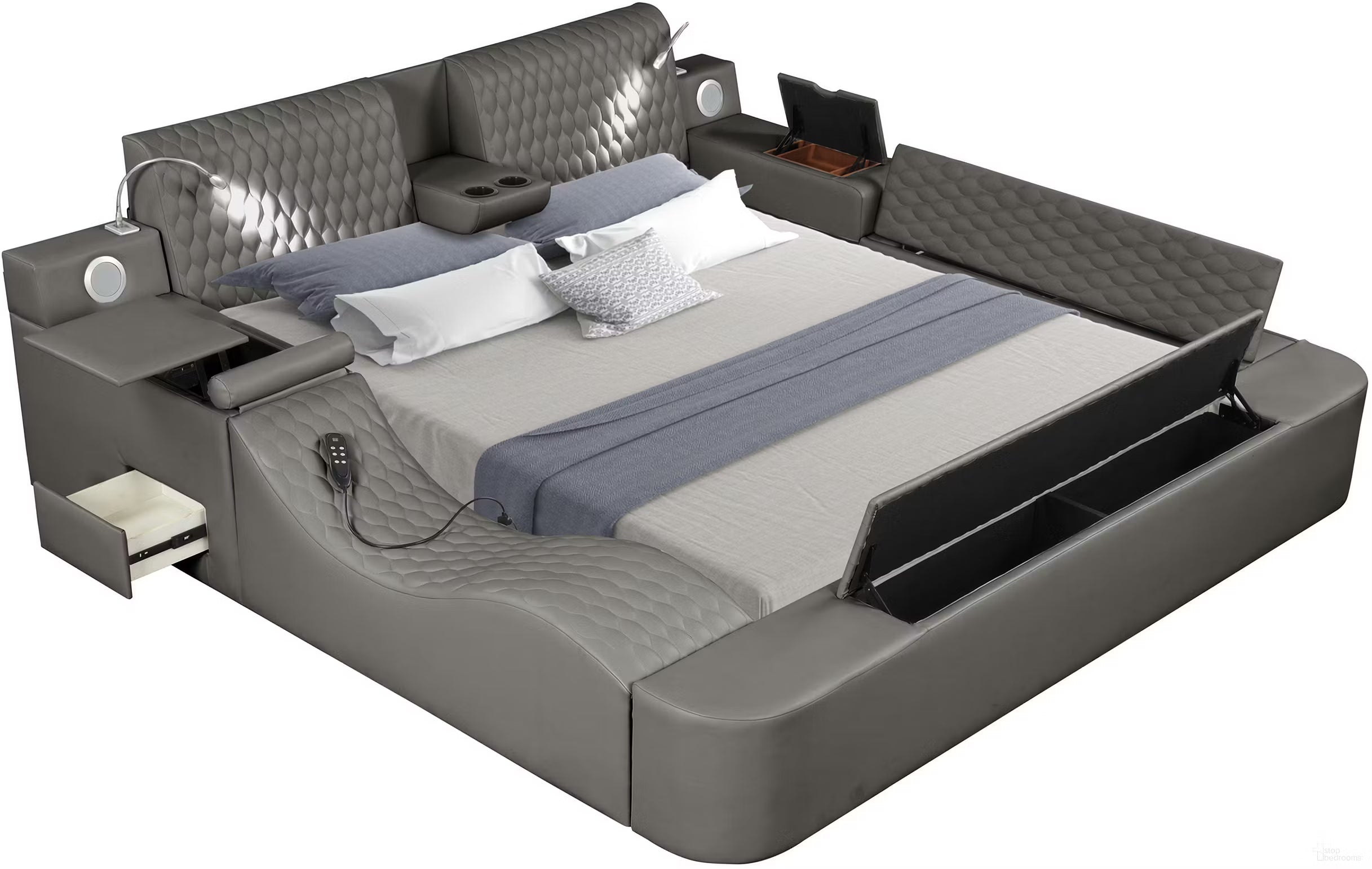 Zoya Grey Faux Leather Modern Queen Bed with Massage Lounge, Bluetooth Speakers & Reading Lights
