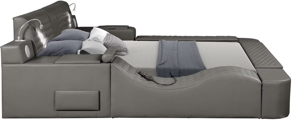Zoya Grey Faux Leather Modern Queen Bed with Massage Lounge, Bluetooth Speakers & Reading Lights