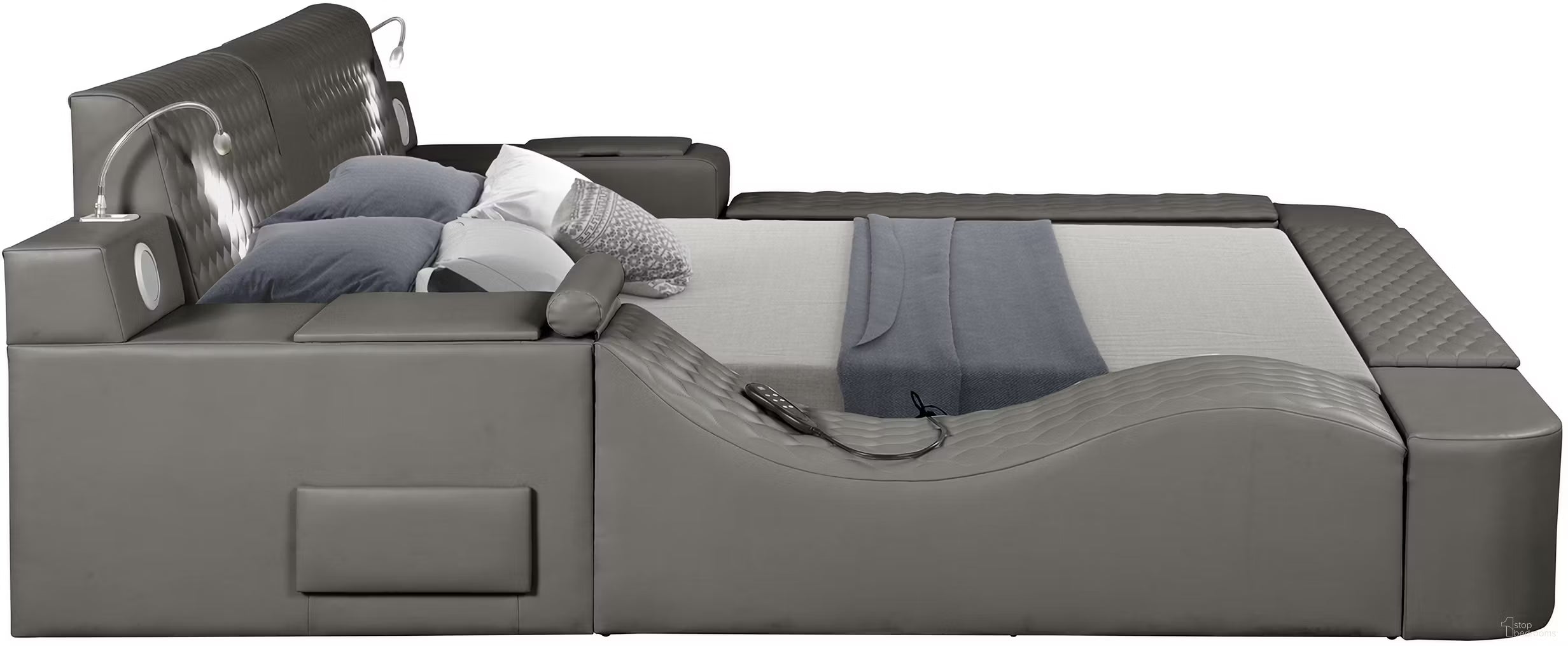 Zoya Grey Faux Leather Modern Queen Bed with Massage Lounge, Bluetooth Speakers & Reading Lights