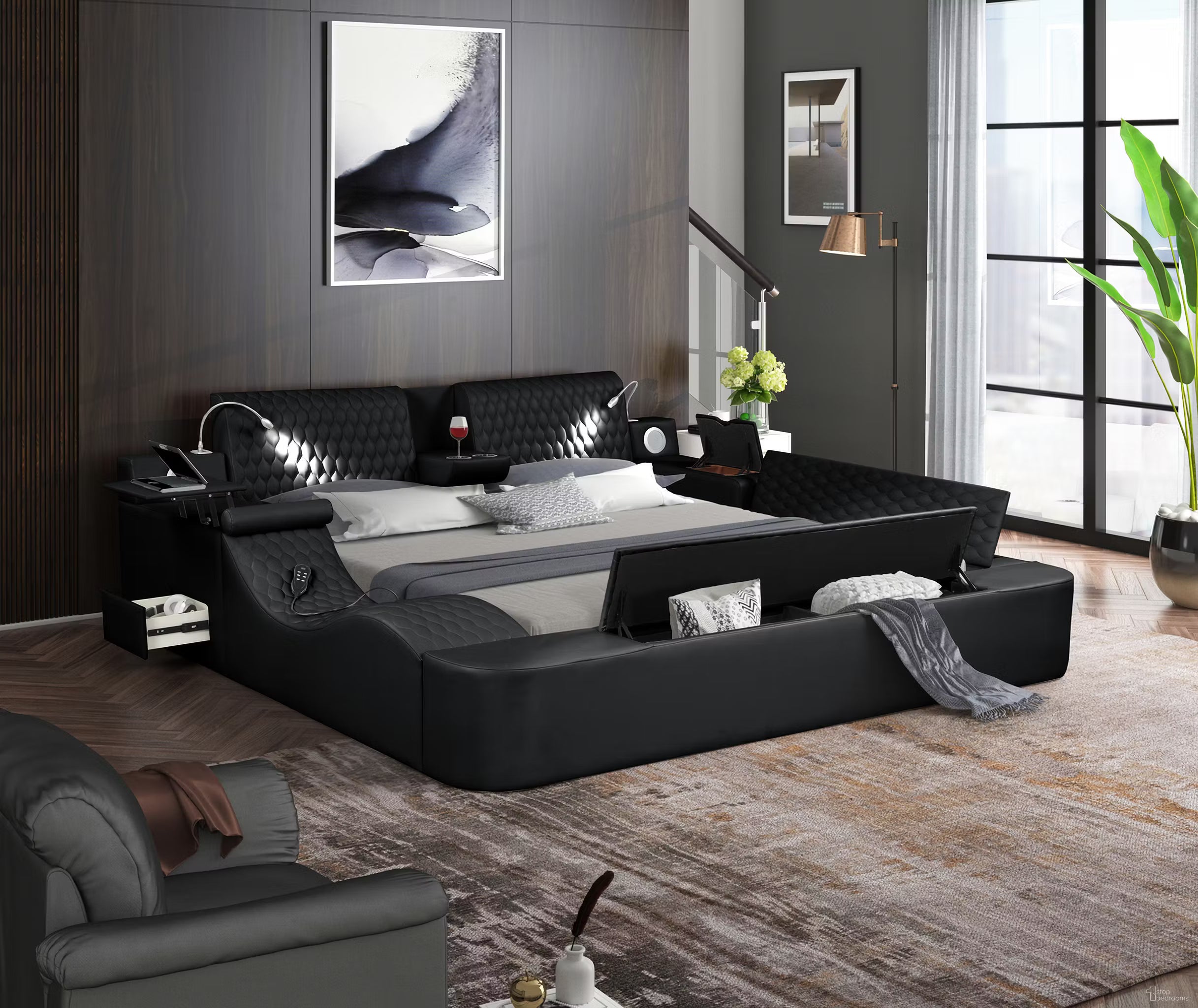 Zoya Black Faux Leather Modern Queen Bed with Massage Lounge, Bluetooth Speakers & Reading Lights