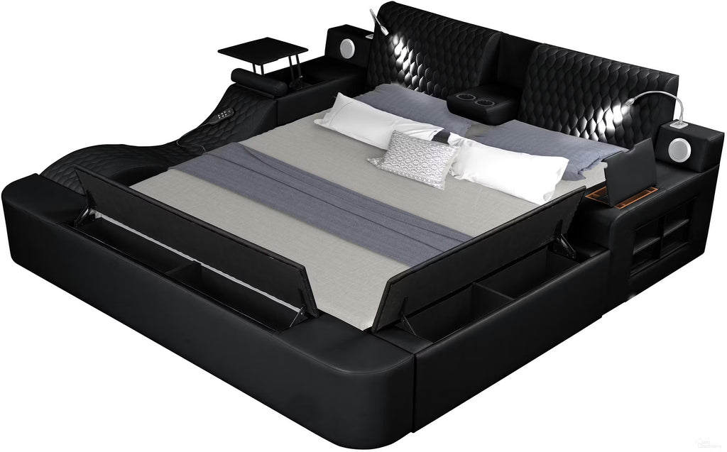 Zoya Black Faux Leather Modern Queen Bed with Massage Lounge, Bluetooth Speakers & Reading Lights