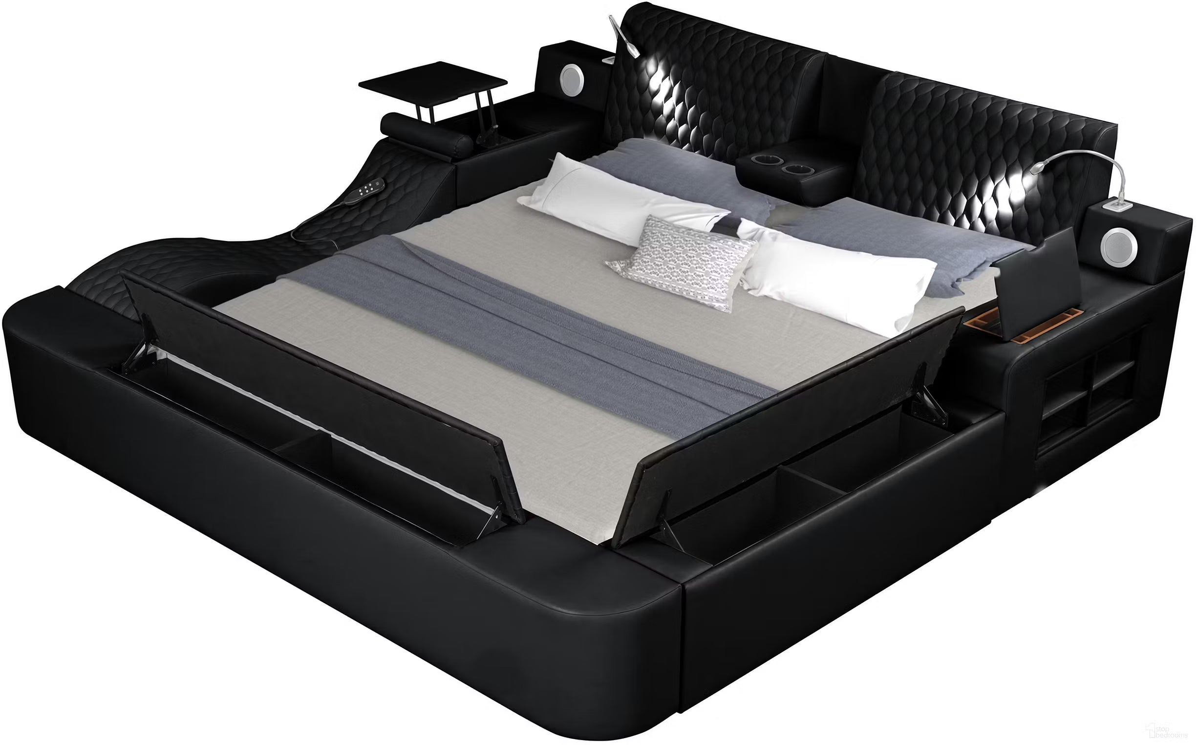 Zoya Black Faux Leather Modern Queen Bed with Massage Lounge, Bluetooth Speakers & Reading Lights