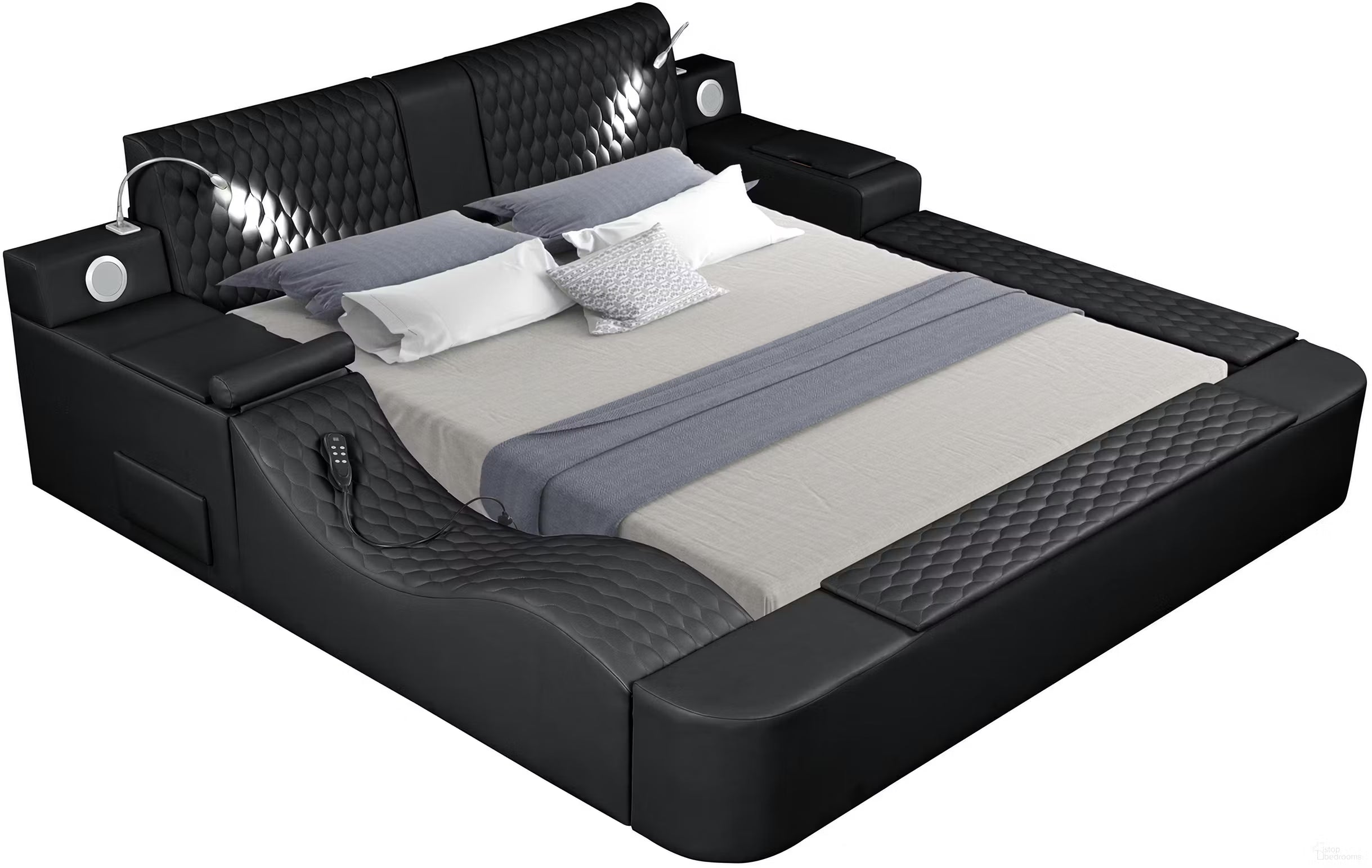 Zoya Black Faux Leather Modern Queen Bed with Massage Lounge, Bluetooth Speakers & Reading Lights
