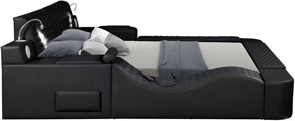 Zoya Black Faux Leather Modern Queen Bed with Massage Lounge, Bluetooth Speakers & Reading Lights