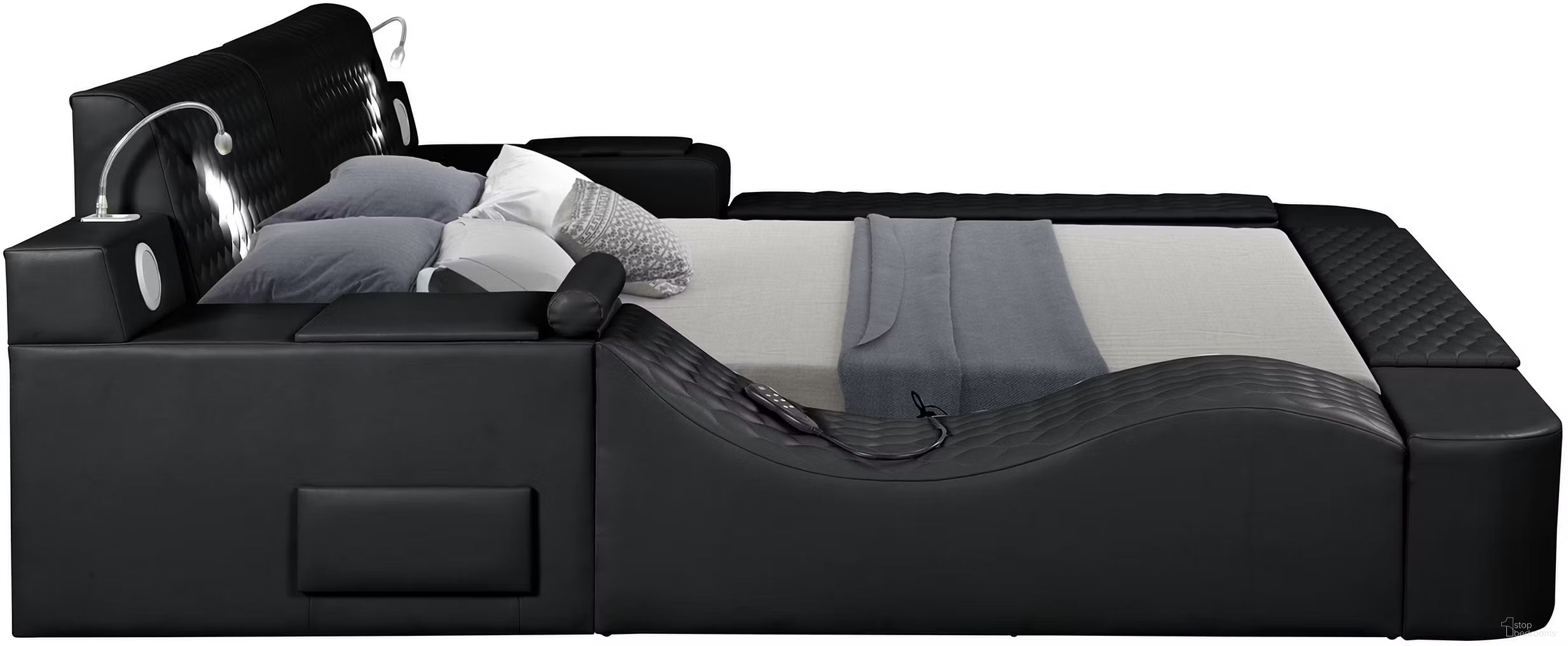 Zoya Black Faux Leather Modern Queen Bed with Massage Lounge, Bluetooth Speakers & Reading Lights