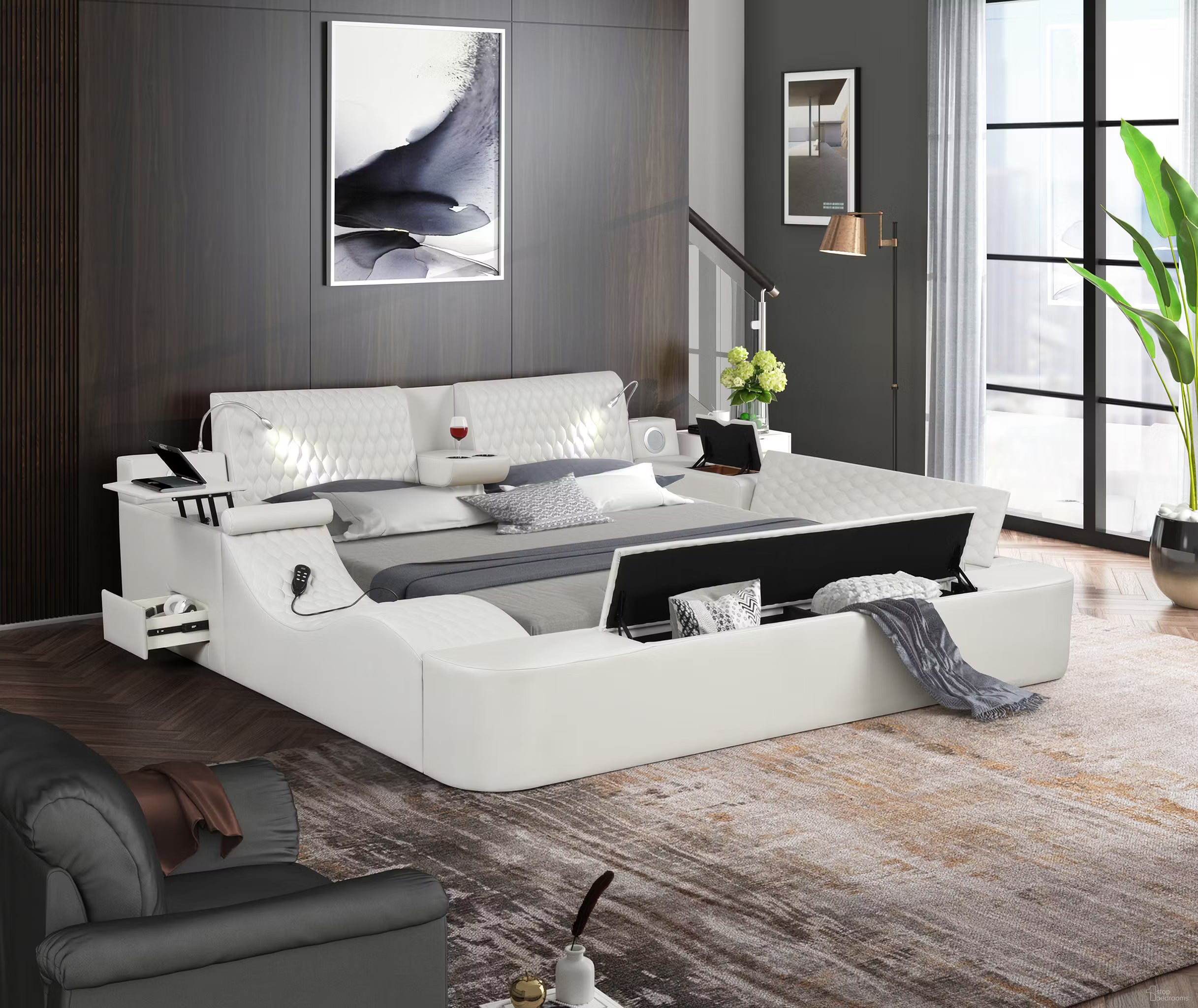 Zoya Ice Faux Leather Modern Queen Bed with Massage Lounge, Bluetooth Speakers & Reading Lights ** Clearance **