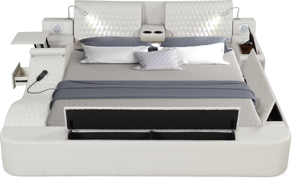 Zoya Ice Faux Leather Modern Queen Bed with Massage Lounge, Bluetooth Speakers & Reading Lights