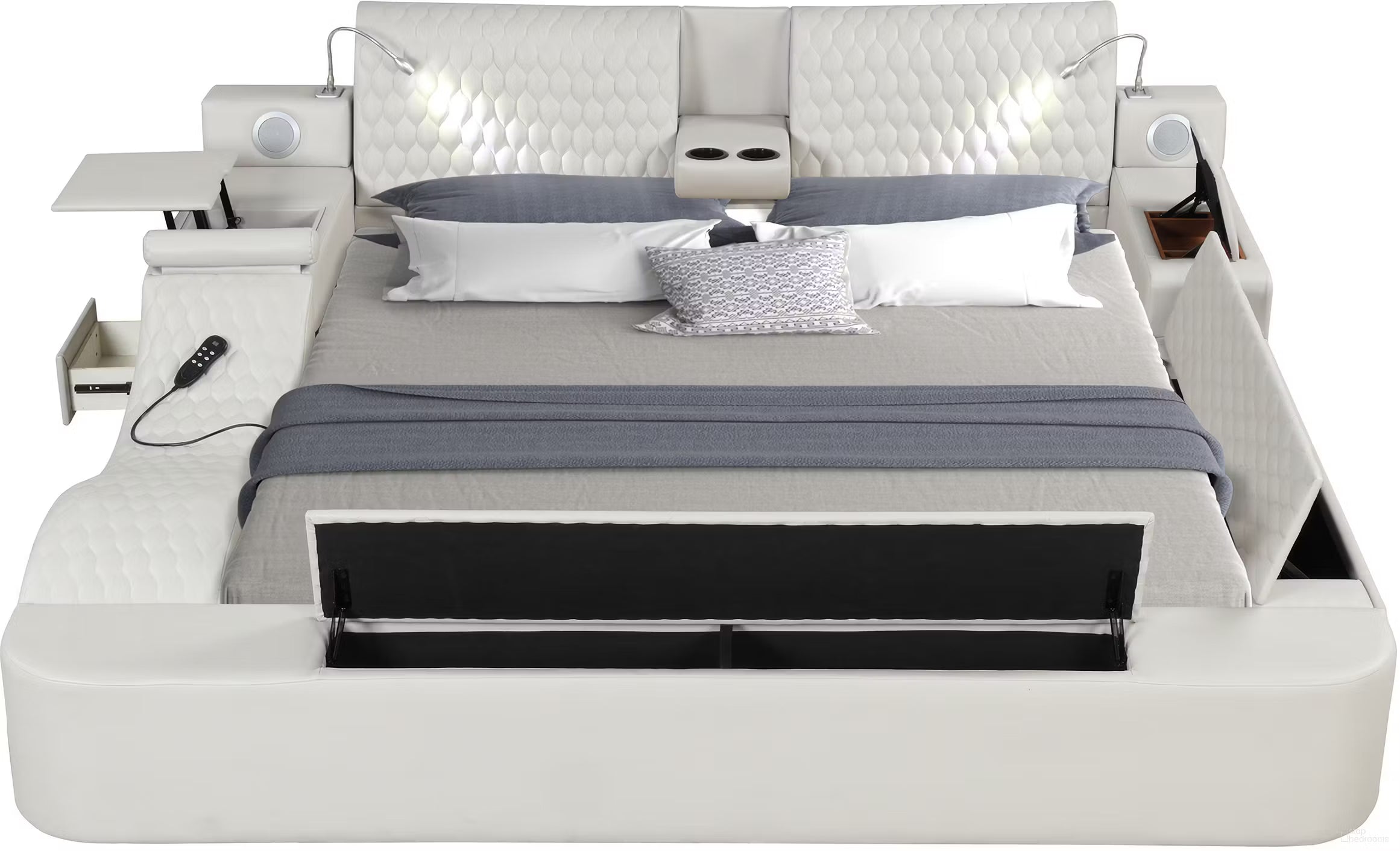 Zoya Ice Faux Leather Modern Queen Bed with Massage Lounge, Bluetooth Speakers & Reading Lights ** Clearance **