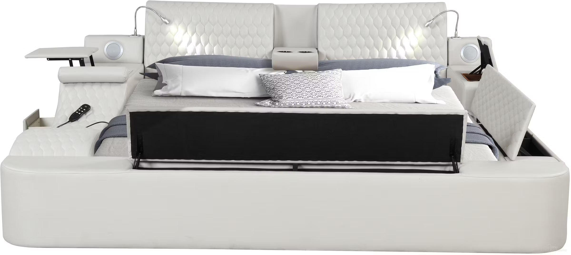 Zoya Ice Faux Leather Modern Queen Bed with Massage Lounge, Bluetooth Speakers & Reading Lights ** Clearance **