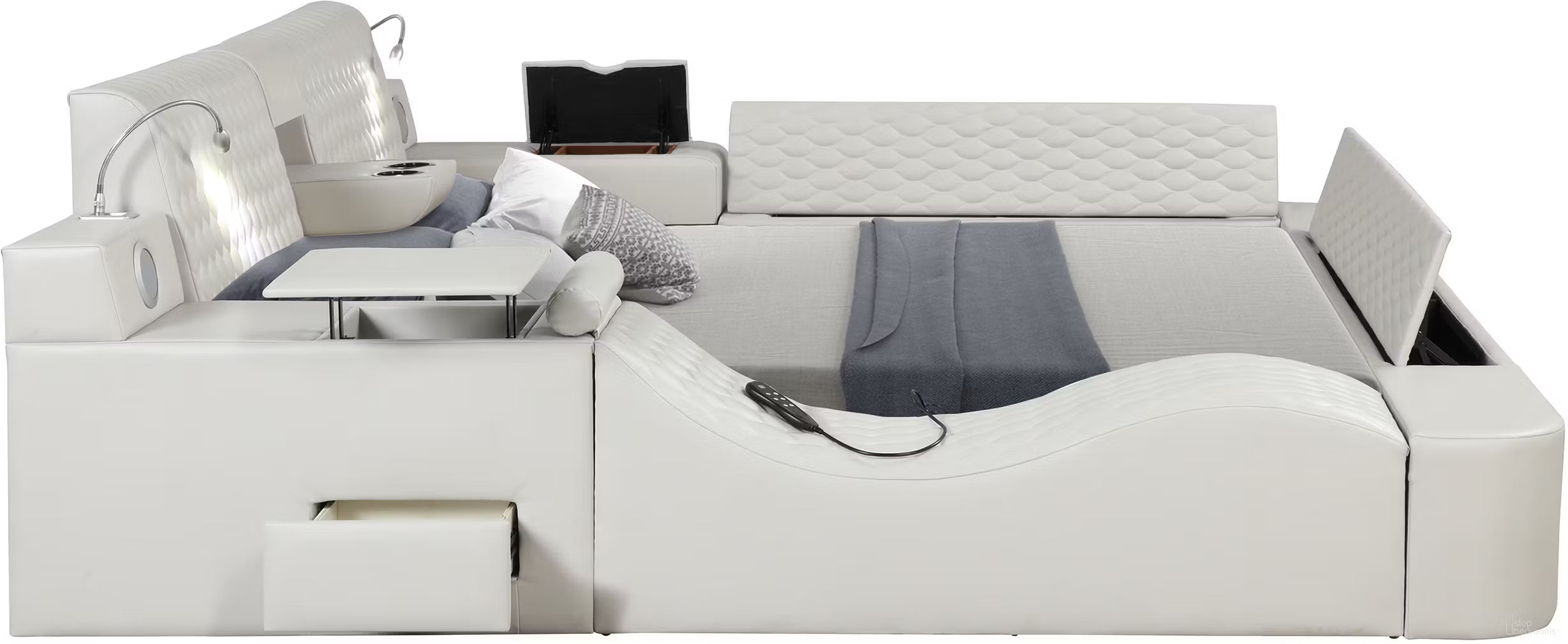 Zoya Ice Faux Leather Modern Queen Bed with Massage Lounge, Bluetooth Speakers & Reading Lights ** Clearance **