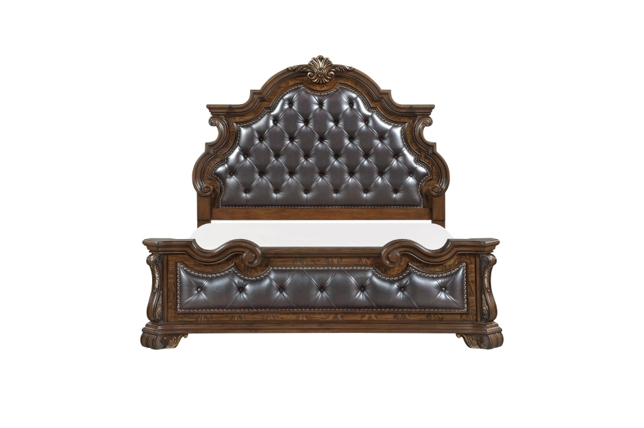 Homelegance 2424-4PC 4 pc Gilmartin dark brown finish wood dark brown tufted faux leather headboard carved accents traditional queen bedroom set
