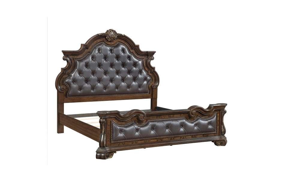 Homelegance 2424-4PC 4 pc Gilmartin dark brown finish wood dark brown tufted faux leather headboard carved accents traditional queen bedroom set